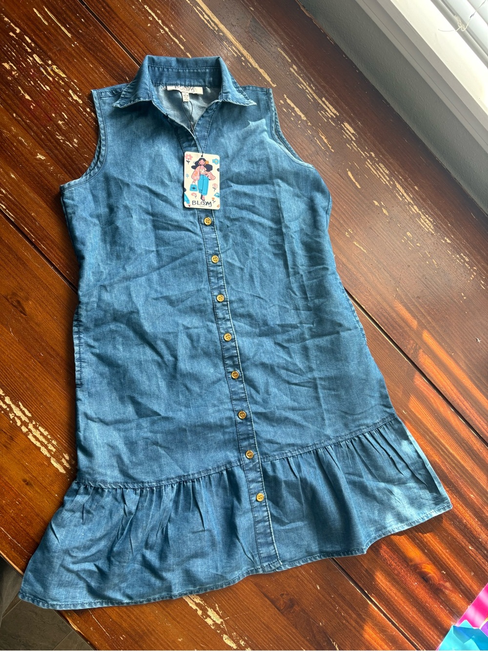 bloom Denim-Blue Sleeveless Ruffle-Hem Kids Dress